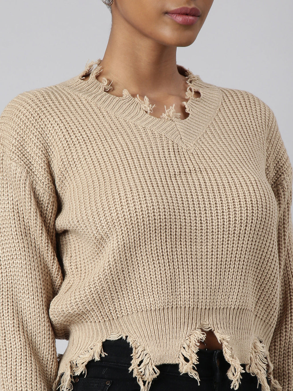 Women's Beige V-Neck Fringed Long Sleeves Boxy Top