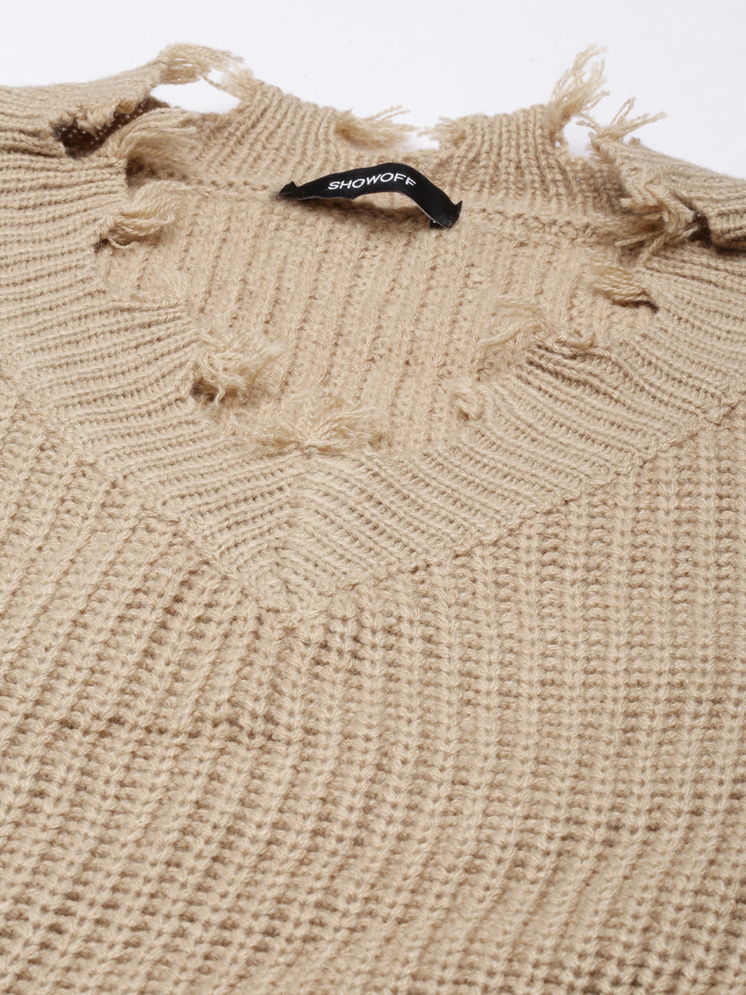 Women's Beige V-Neck Fringed Long Sleeves Boxy Top