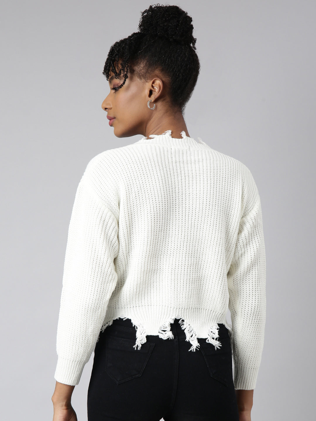 Women's Off White Vertical Stripes Striped Cuffed Sleeves Fringed Top