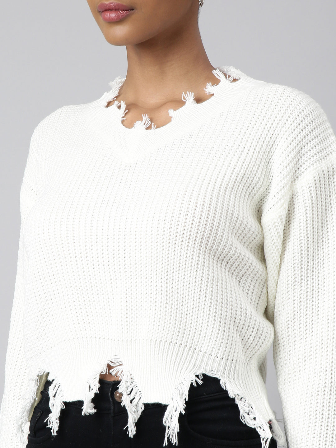 Women's Off White Vertical Stripes Striped Cuffed Sleeves Fringed Top