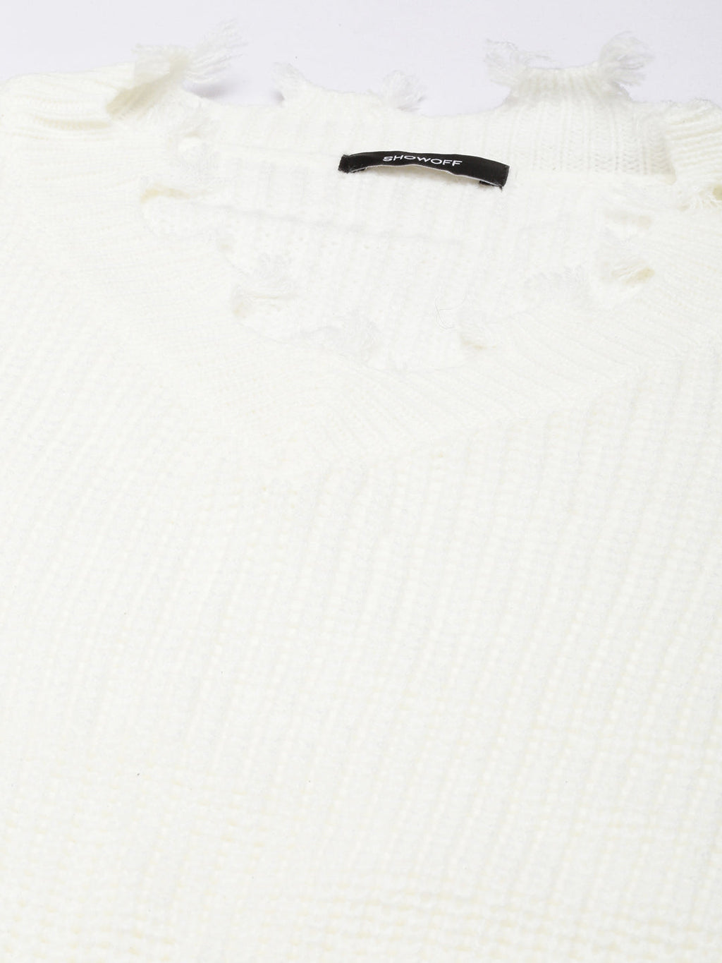 Women's Off White Vertical Stripes Striped Cuffed Sleeves Fringed Top