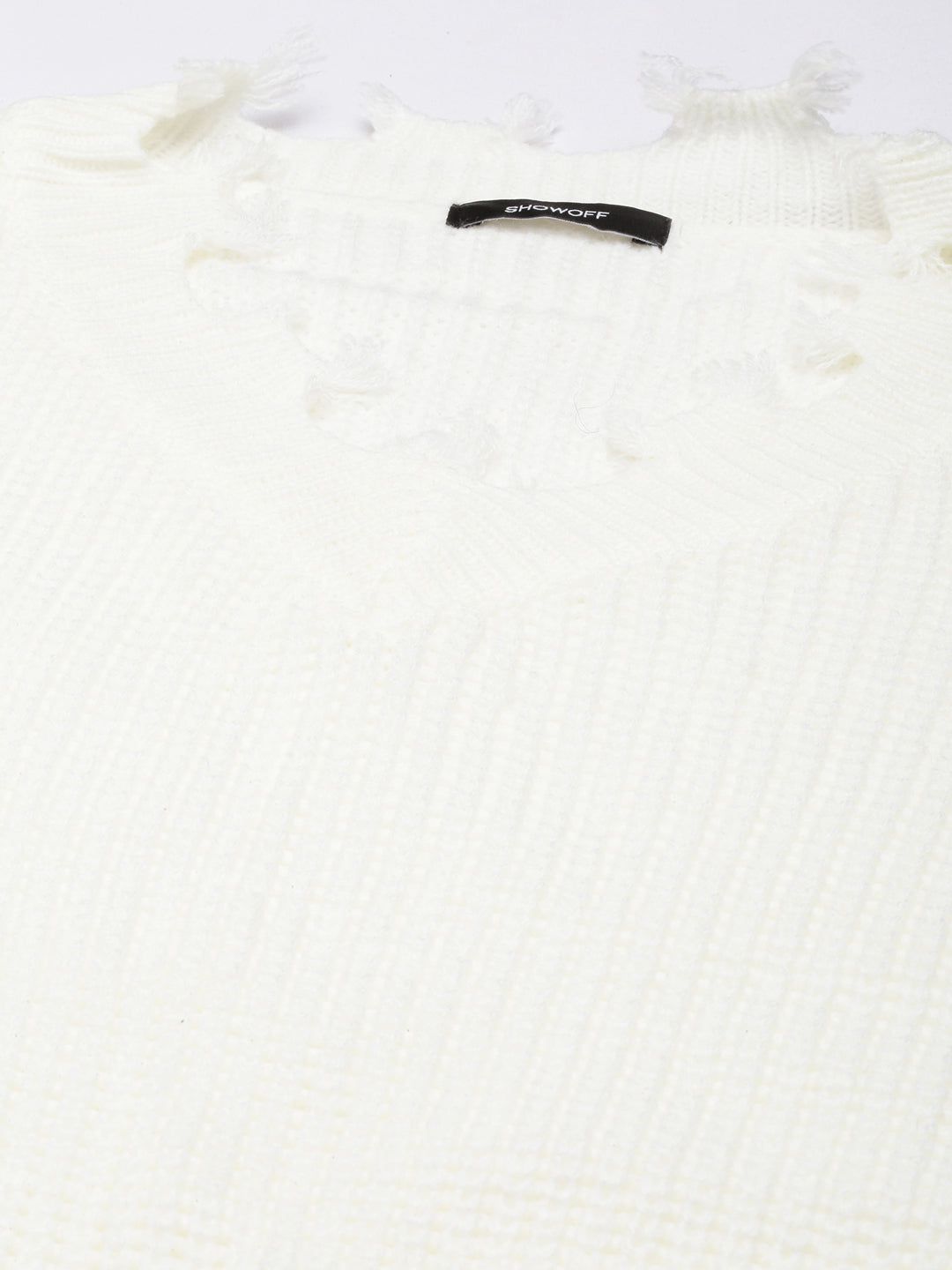 Women's Off White Vertical Stripes Striped Cuffed Sleeves Fringed Top