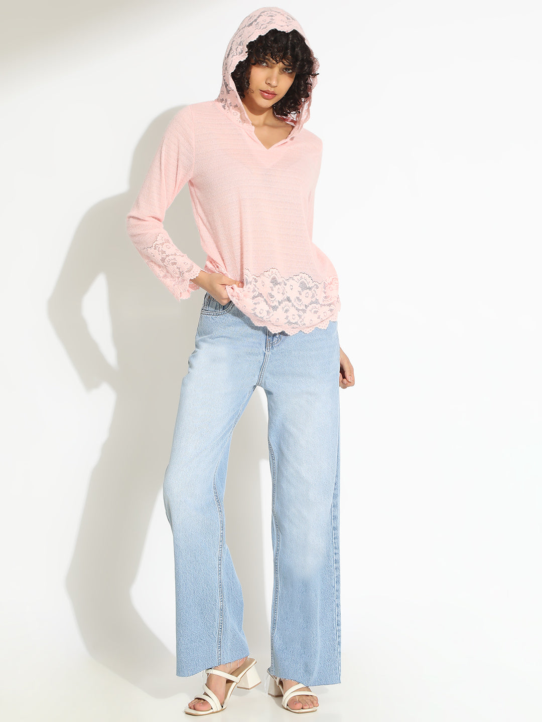 Women's Pink V-Neck Lace Trim Long Sleeve Hooded Top