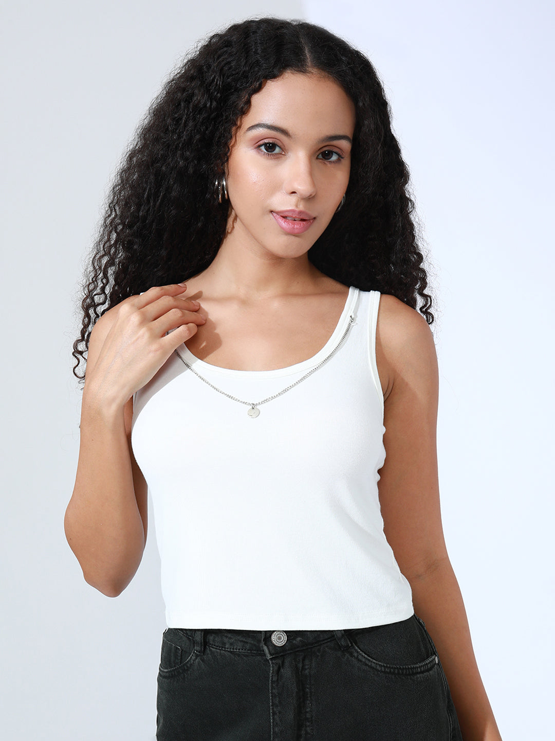 Women's Checked Grey Shirt Style Top with Inner Tank Top & Chain