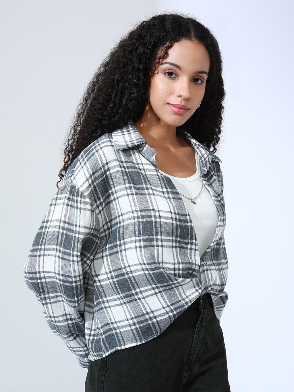 Women's Checked Grey Shirt Style Top with Inner Tank Top & Chain