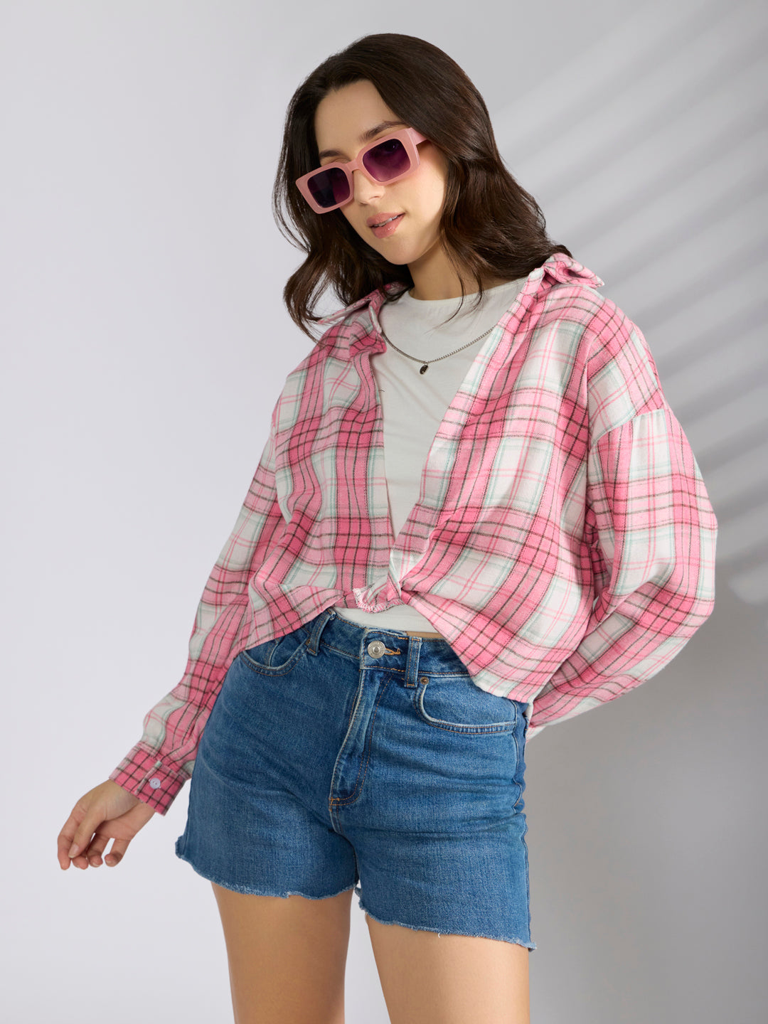 Women's Checked Pink Shirt Style Top with Chain