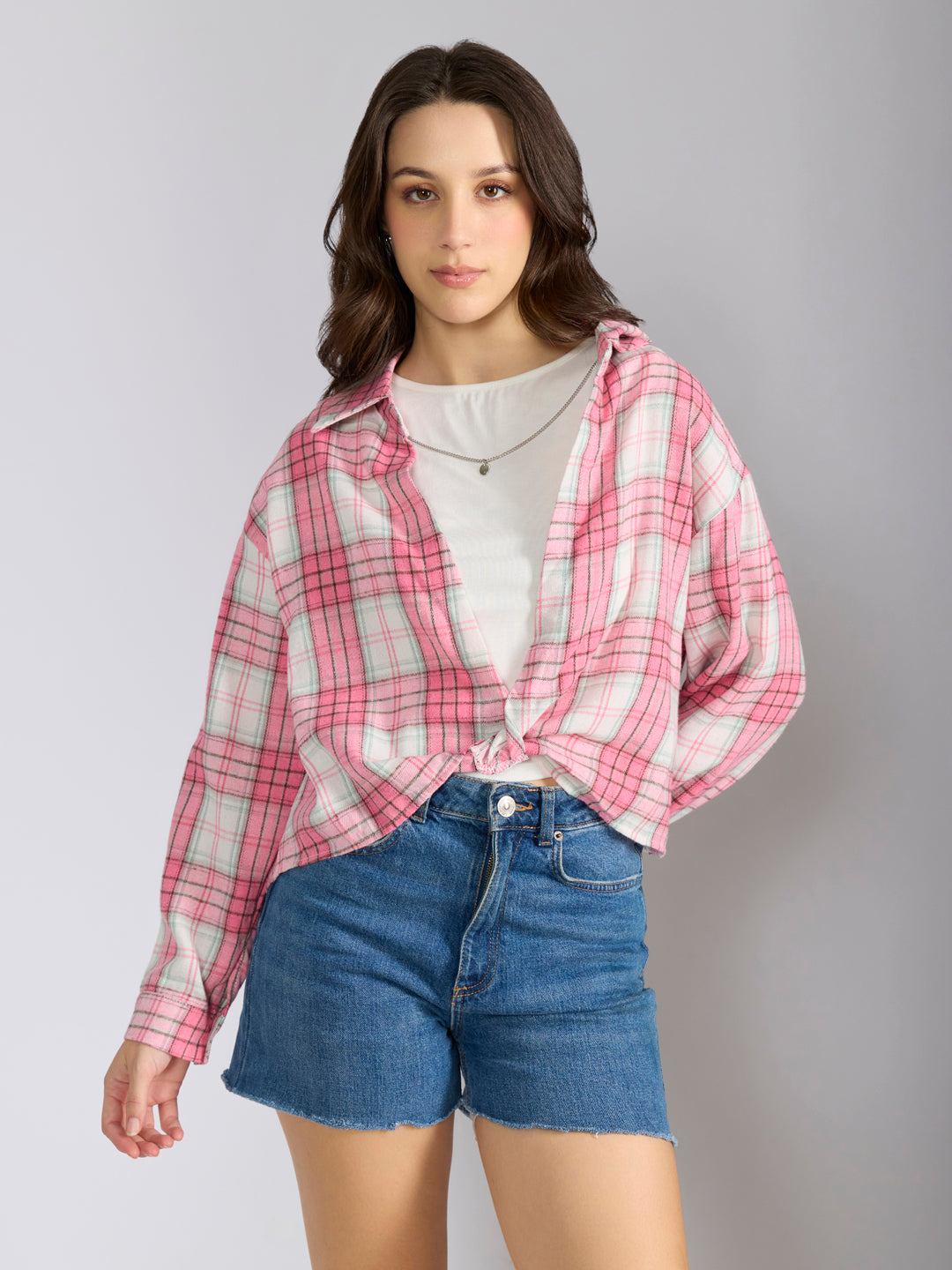 Women's Checked Pink Shirt Style Top with Chain