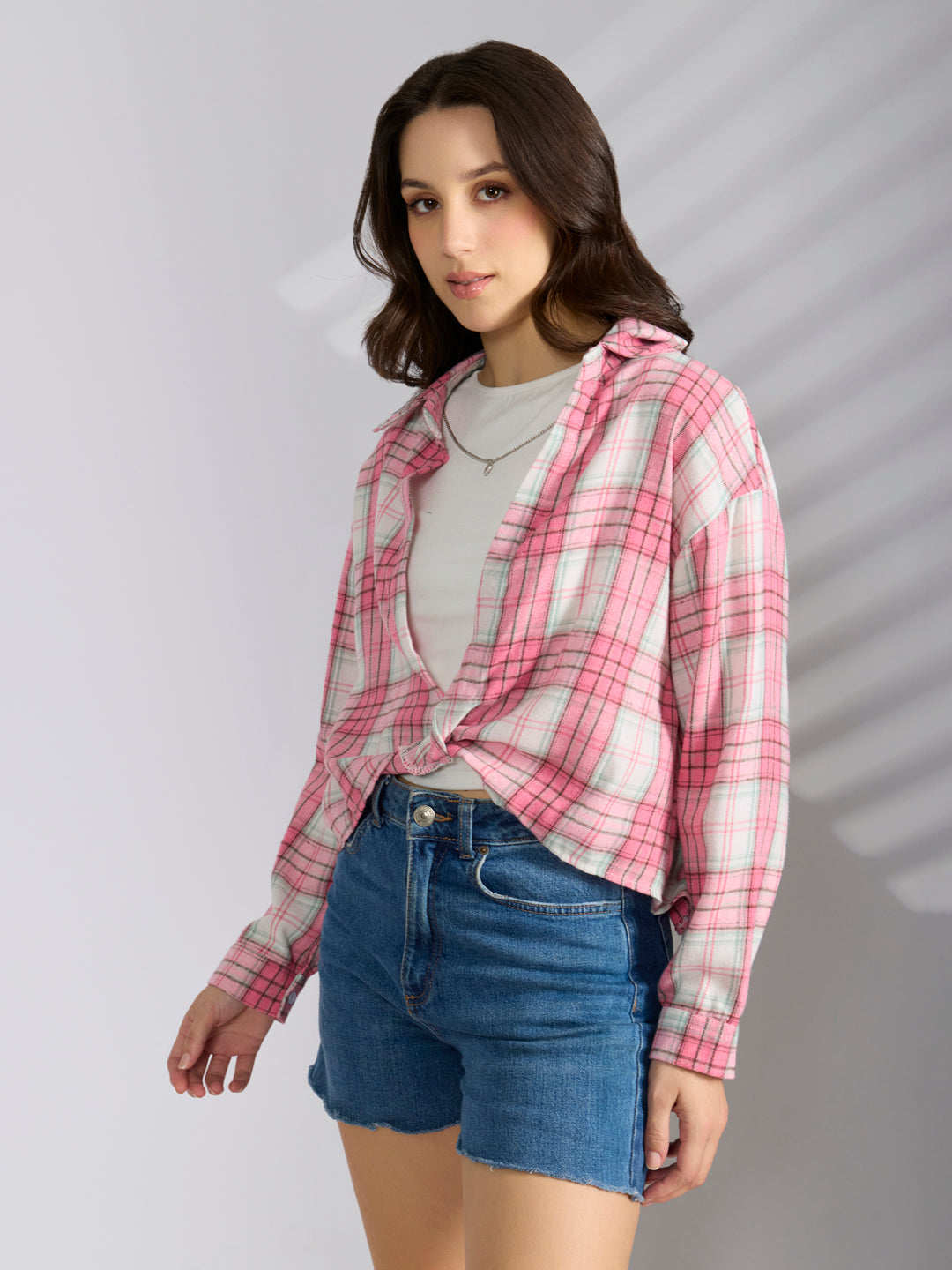 Women's Checked Pink Shirt Style Top with Chain