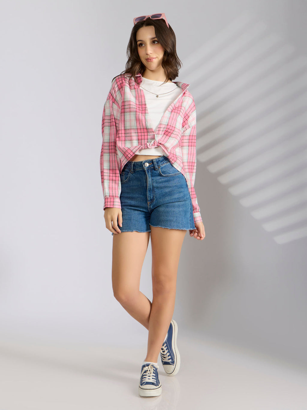 Women's Checked Pink Shirt Style Top with Chain