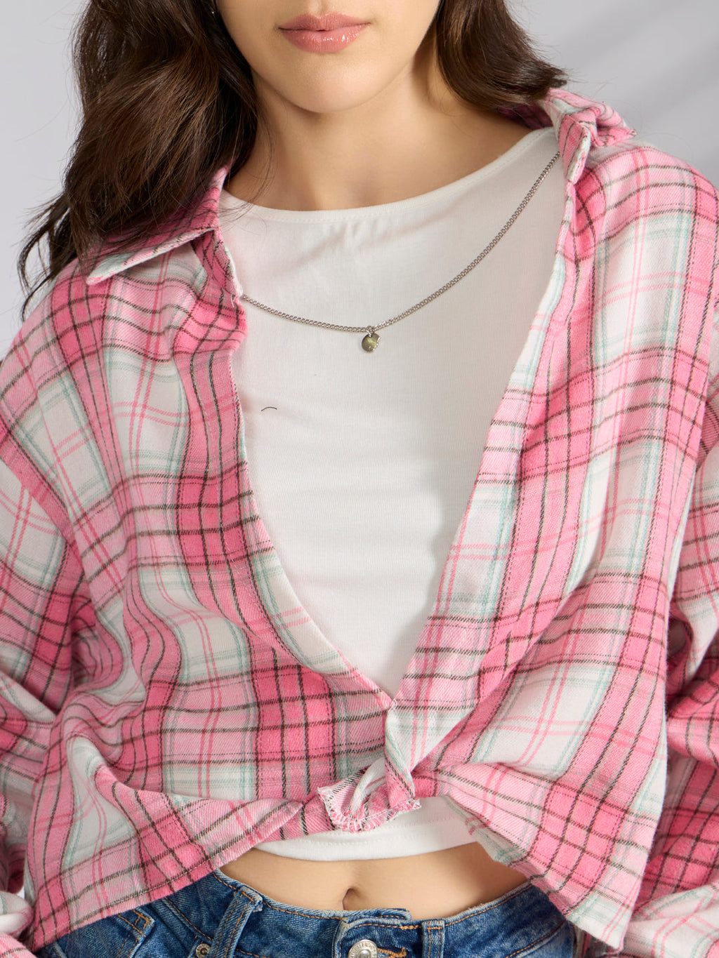 Women's Checked Pink Shirt Style Top with Chain