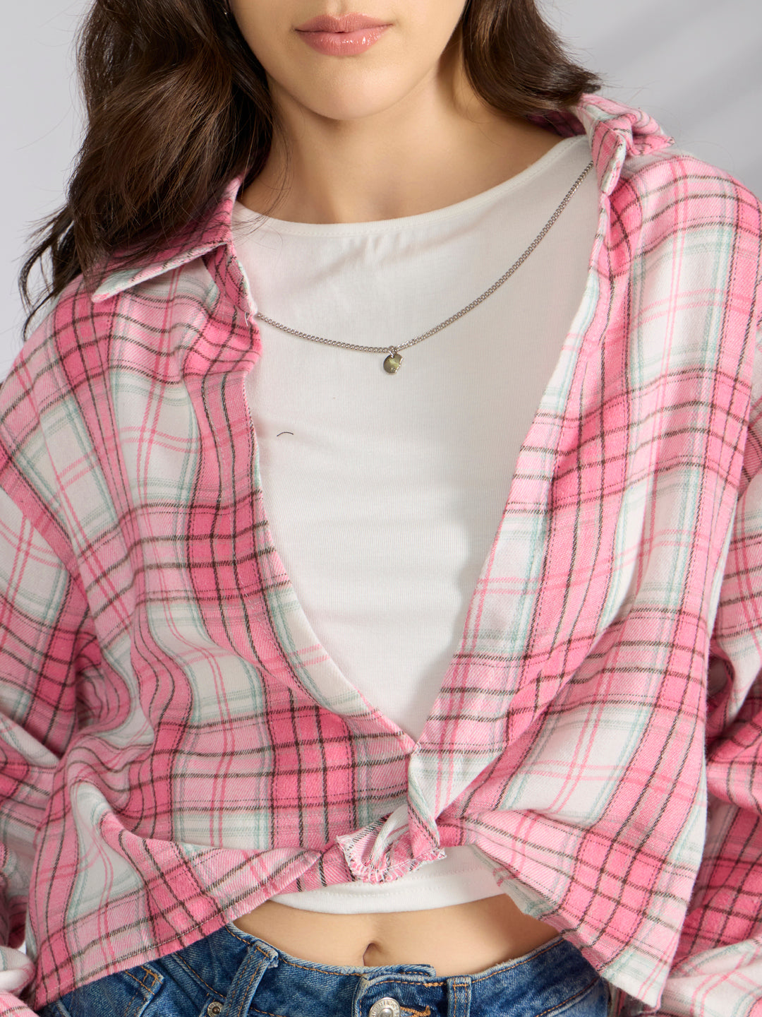 Women's Checked Pink Shirt Style Top with Chain