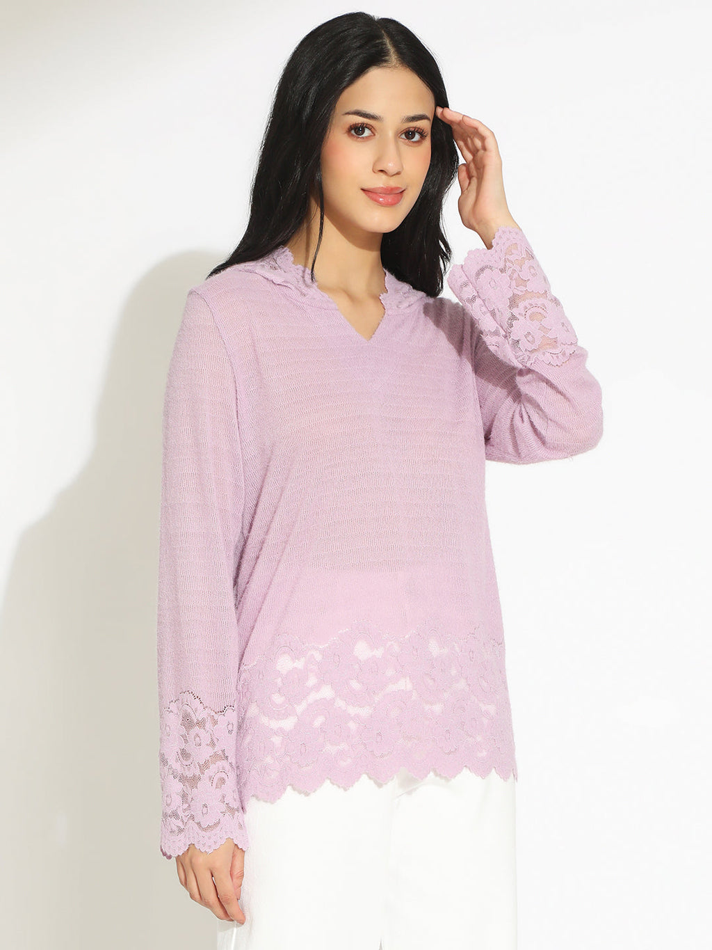 Women's Purple V-Neck Lace Trim Long Sleeve Hooded Top