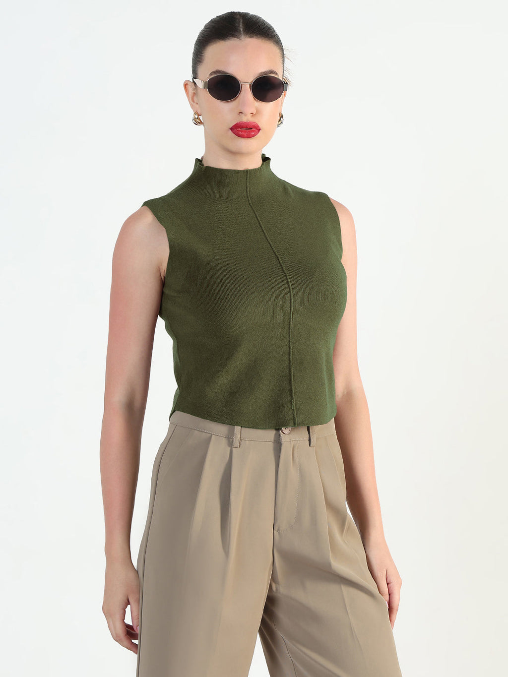 Women's Ribbed Green High Neck Fitted Top