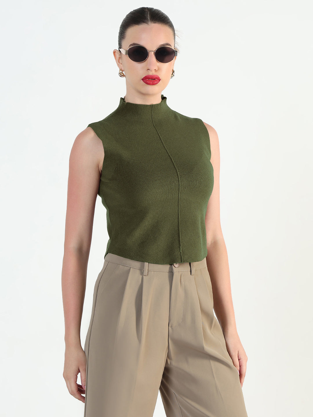 Women's Ribbed Green High Neck Fitted Top