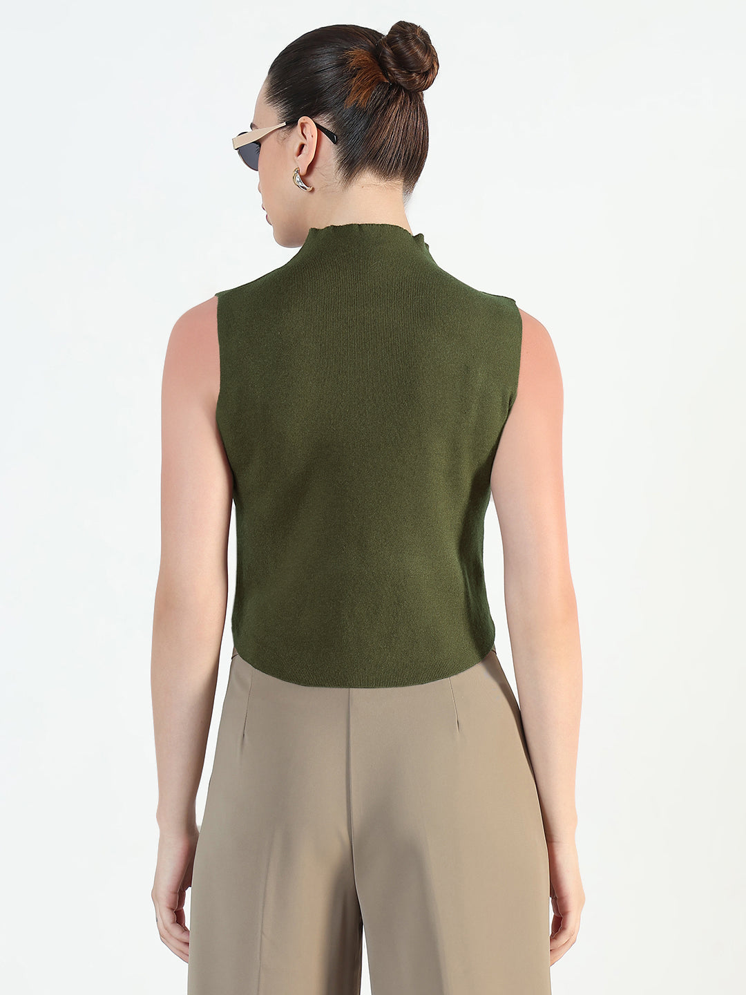 Women's Ribbed Green High Neck Fitted Top