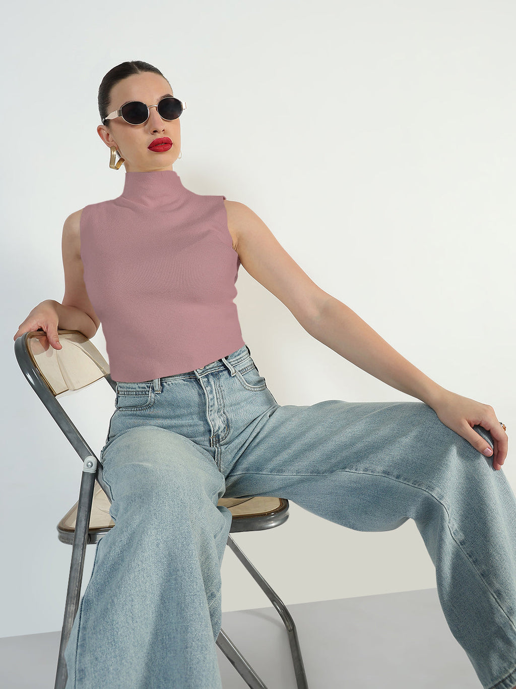 Women's Ribbed Purple High Neck Fitted Top