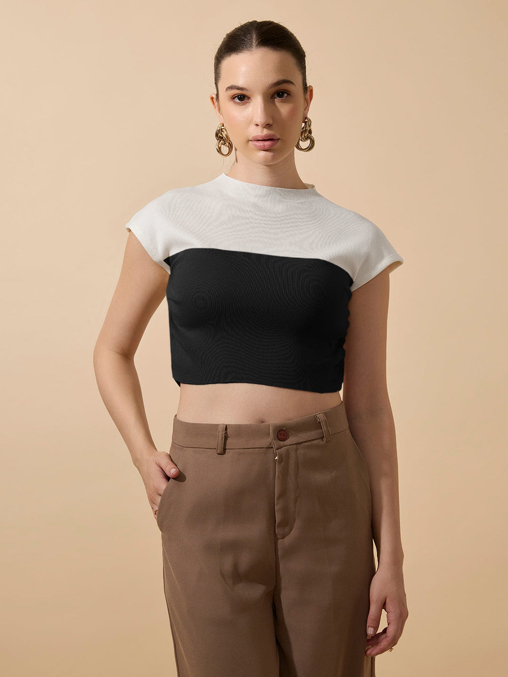 Women's Ribbed Black High Neck Ruched Crop Top