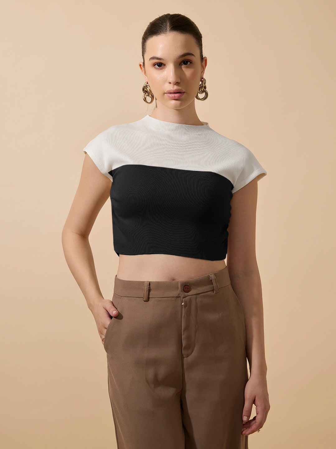 Women's Ribbed Black High Neck Ruched Crop Top