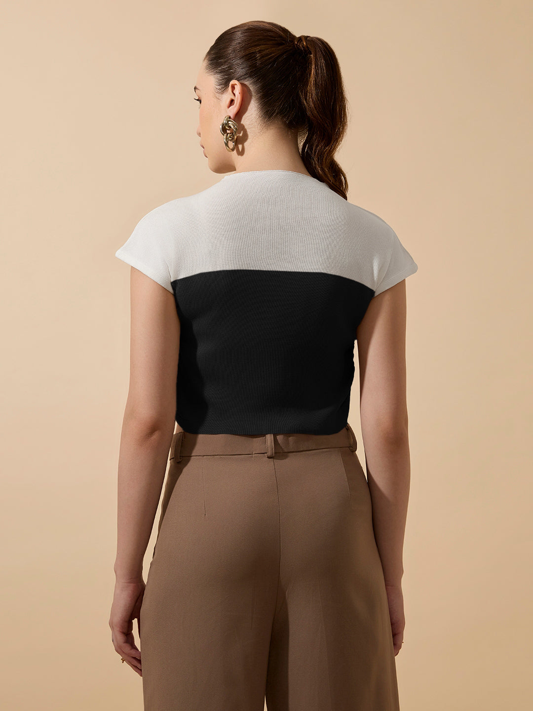 Women's Ribbed Black High Neck Ruched Crop Top