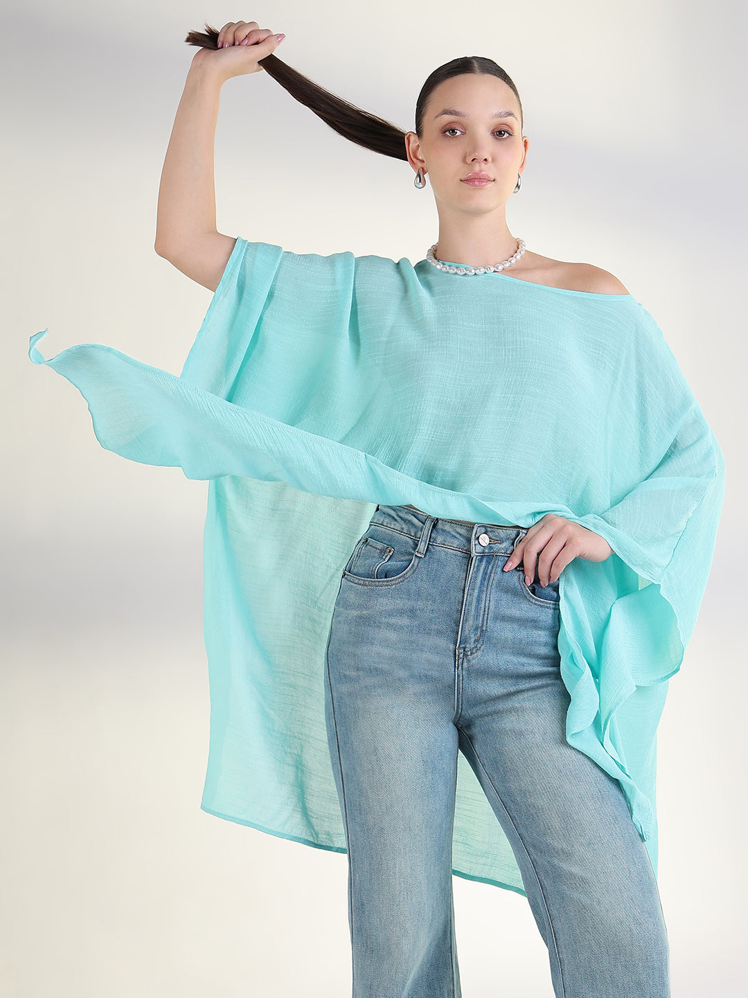 Women's Blue Extended Sleeves Solid Longline Top