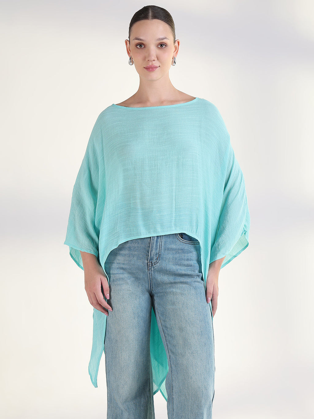 Women's Blue Extended Sleeves Solid Longline Top