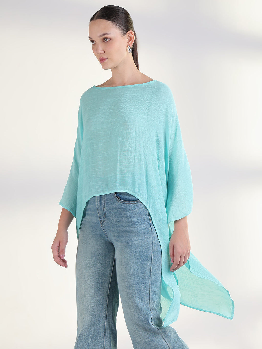 Women's Blue Extended Sleeves Solid Longline Top