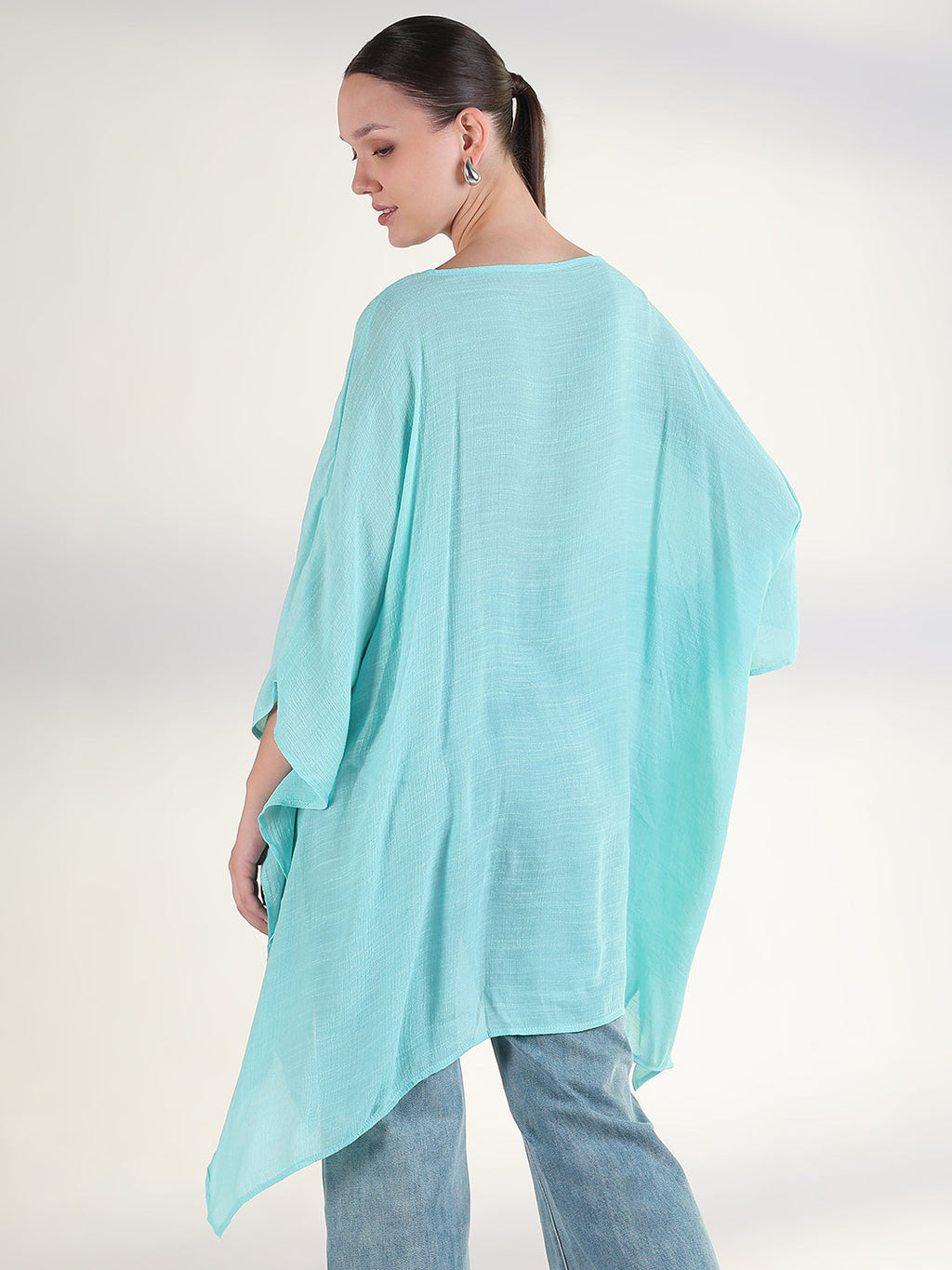Women's Blue Extended Sleeves Solid Longline Top