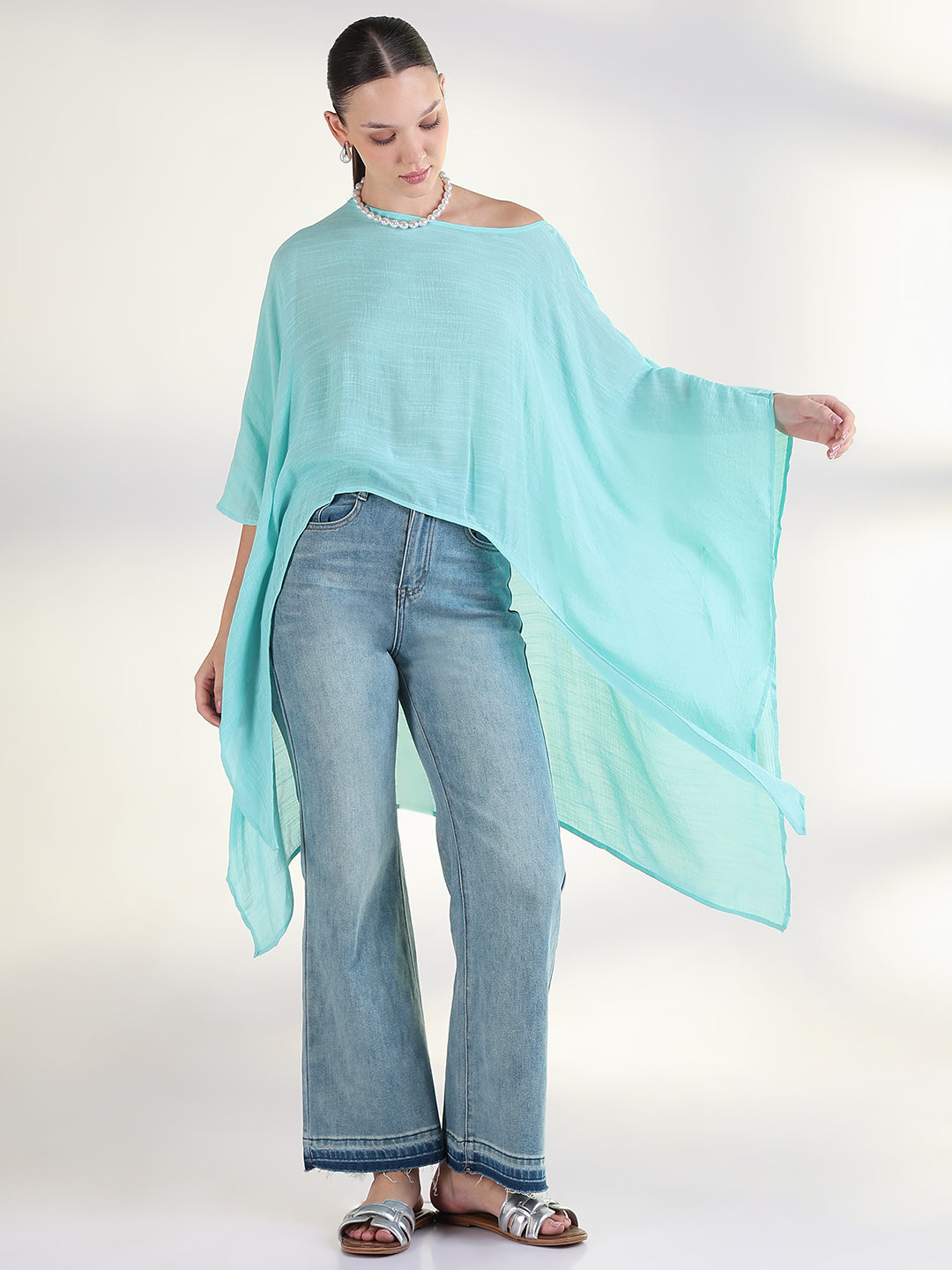 Women's Blue Extended Sleeves Solid Longline Top