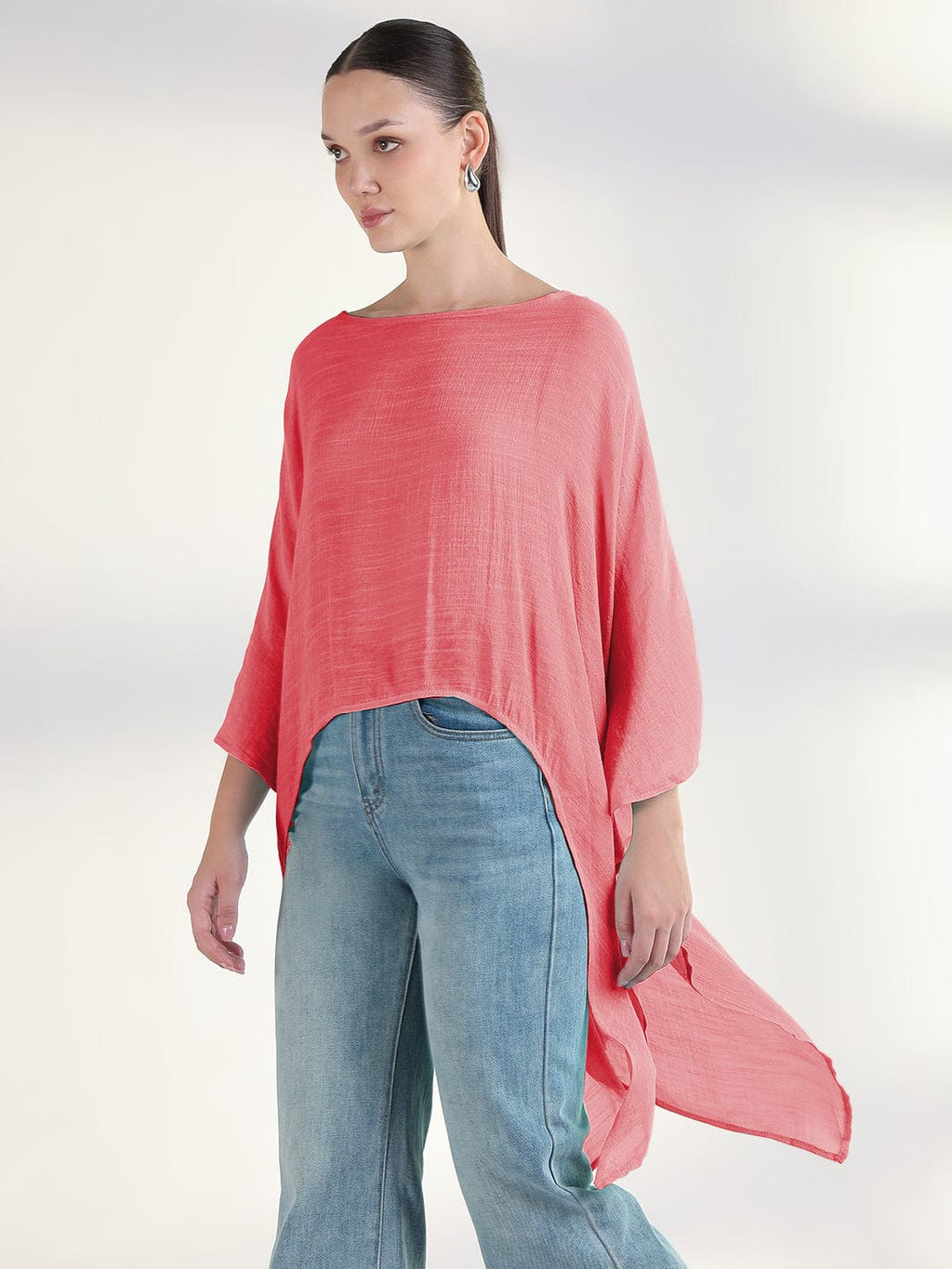 Women's Pink Boat Neck Longline Top