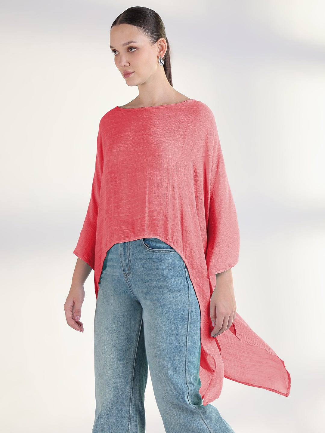 Women's Pink Boat Neck Longline Top