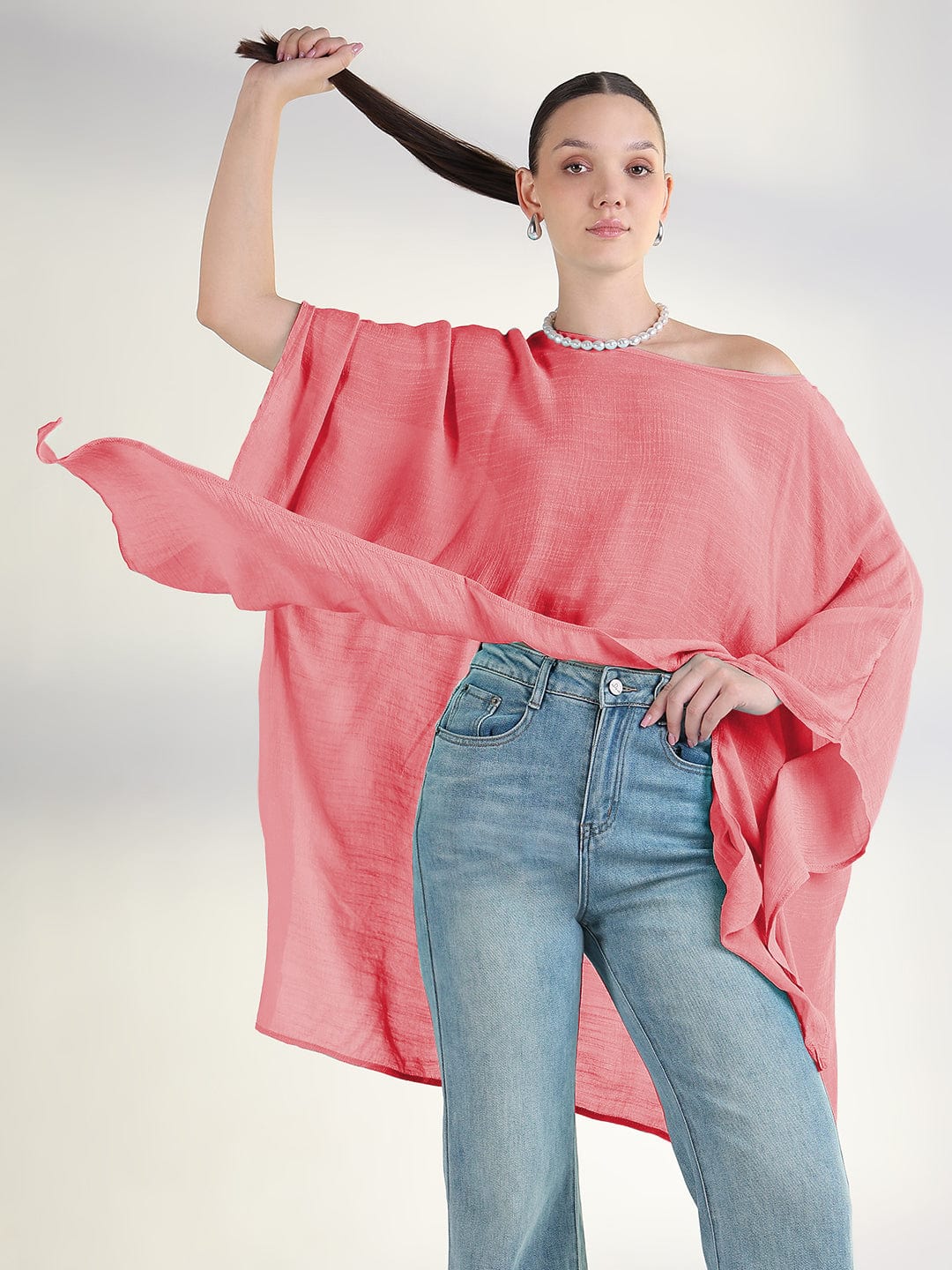 Women's Pink Boat Neck Longline Top