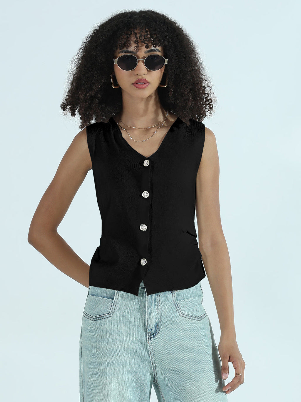 Women's Black Vest Top with Buttons