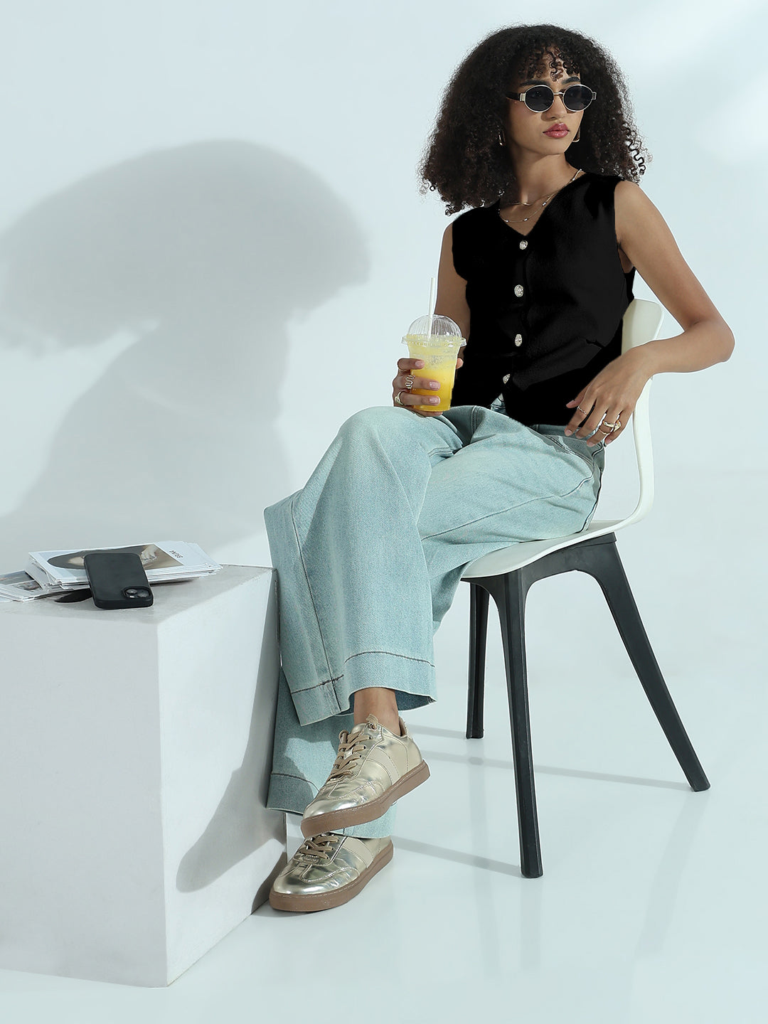 Women's Black Vest Top with Buttons