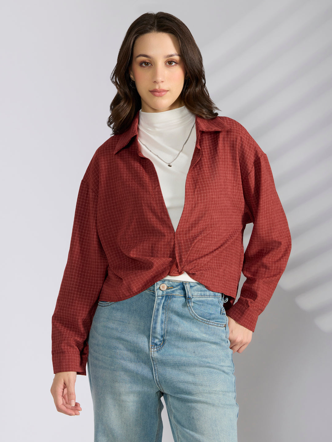 Women's Checked Maroon Oversized Top with Chain