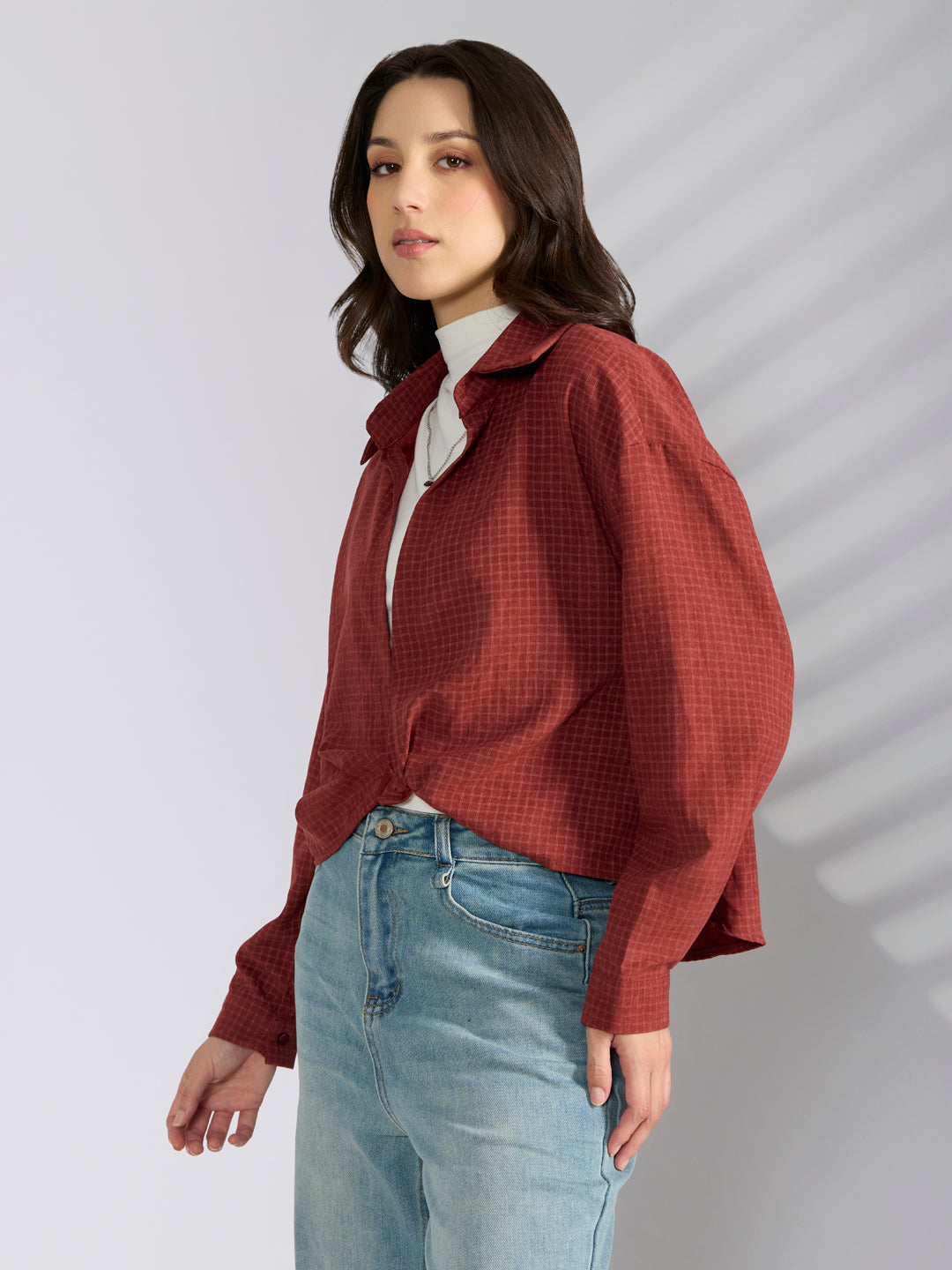 Women's Checked Maroon Oversized Top with Chain