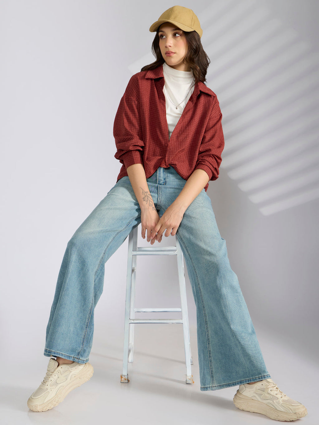 Women's Checked Maroon Oversized Top with Chain