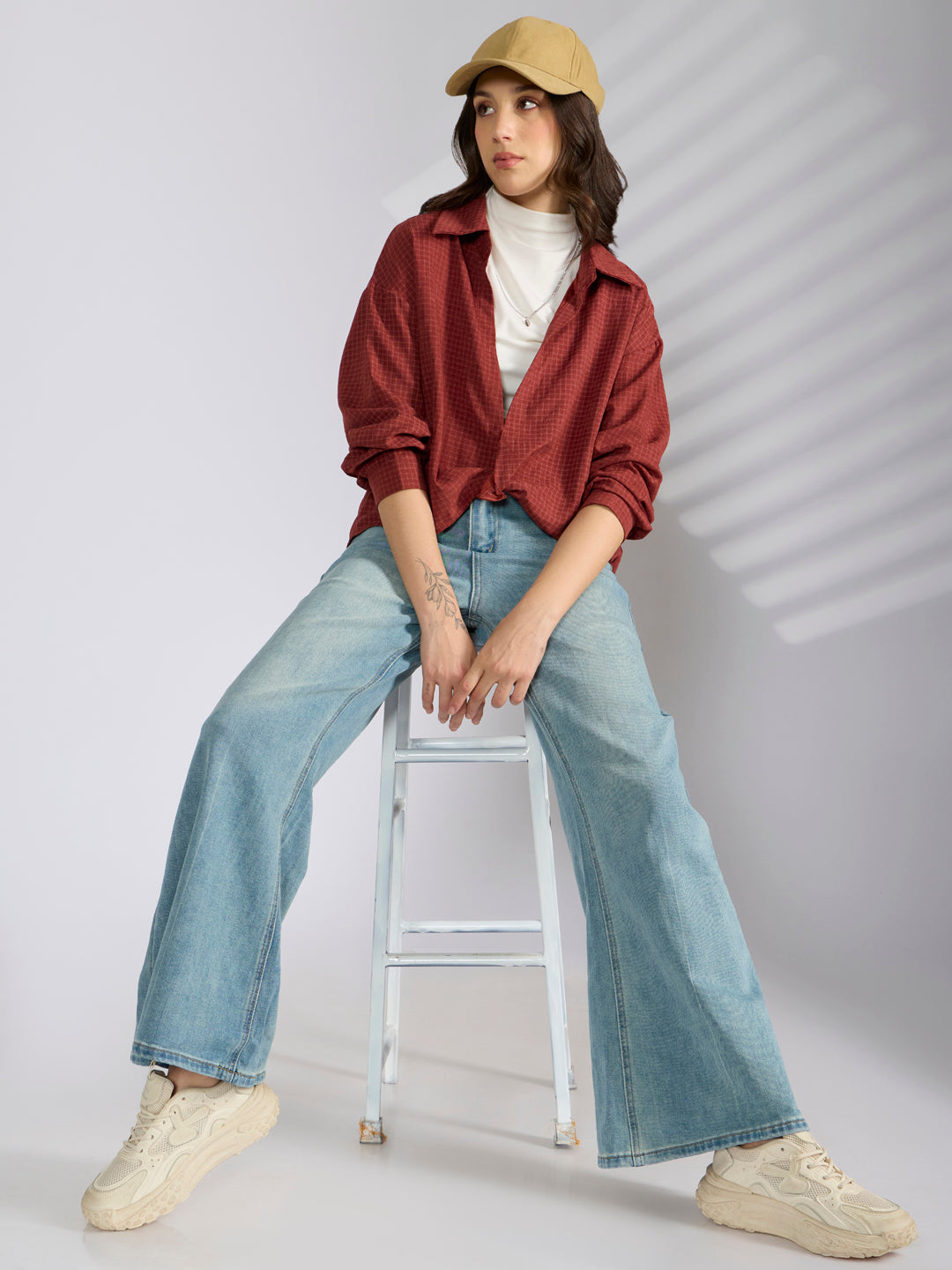 Women's Checked Maroon Oversized Top with Chain