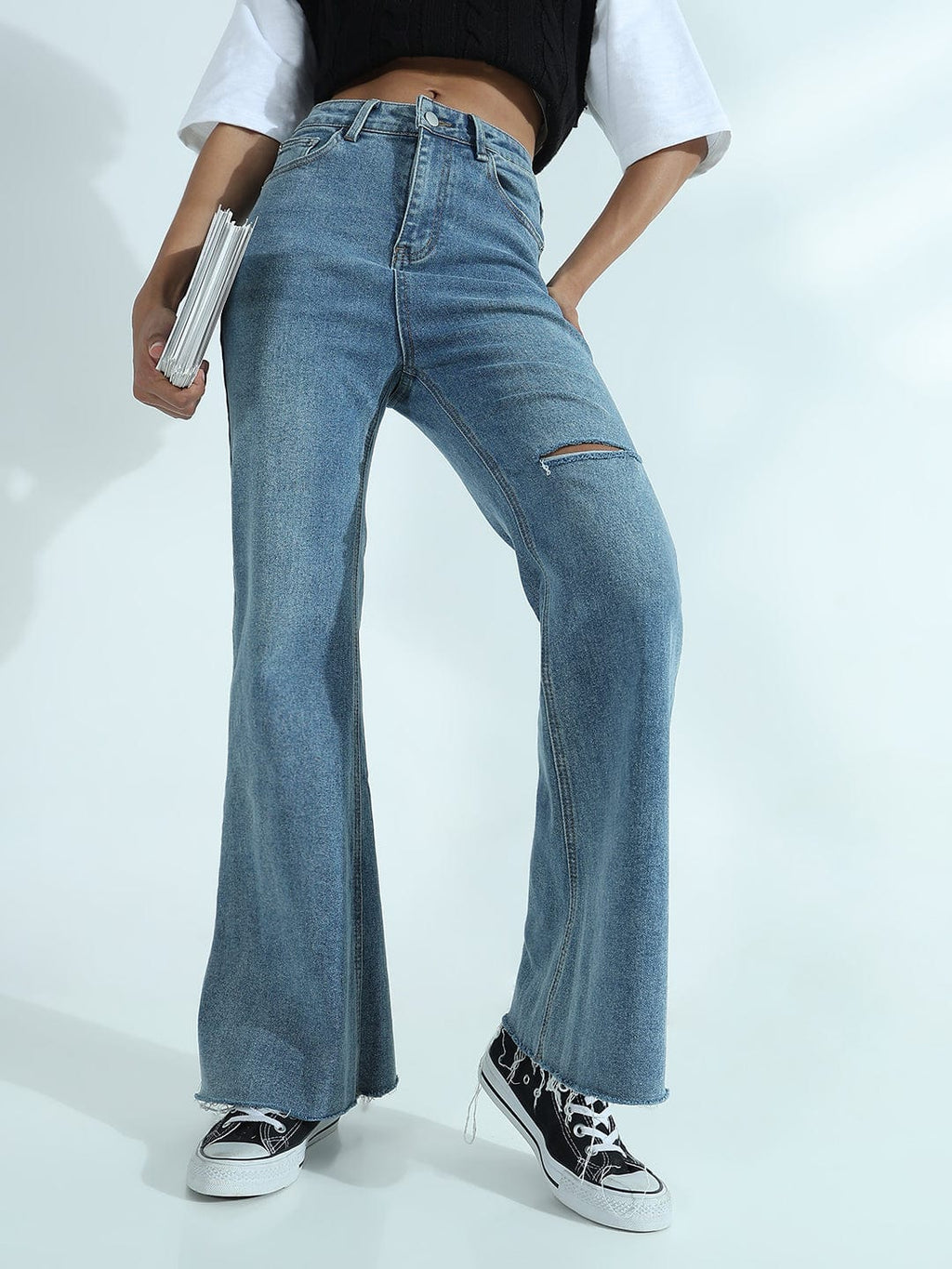 Women's Blue High Rise Flare Jeans with Knee Slit
