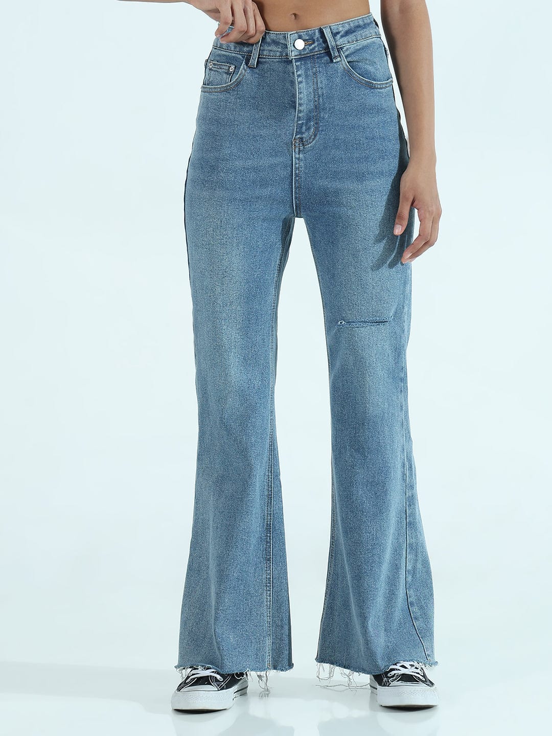 Women's Blue High Rise Flare Jeans with Knee Slit