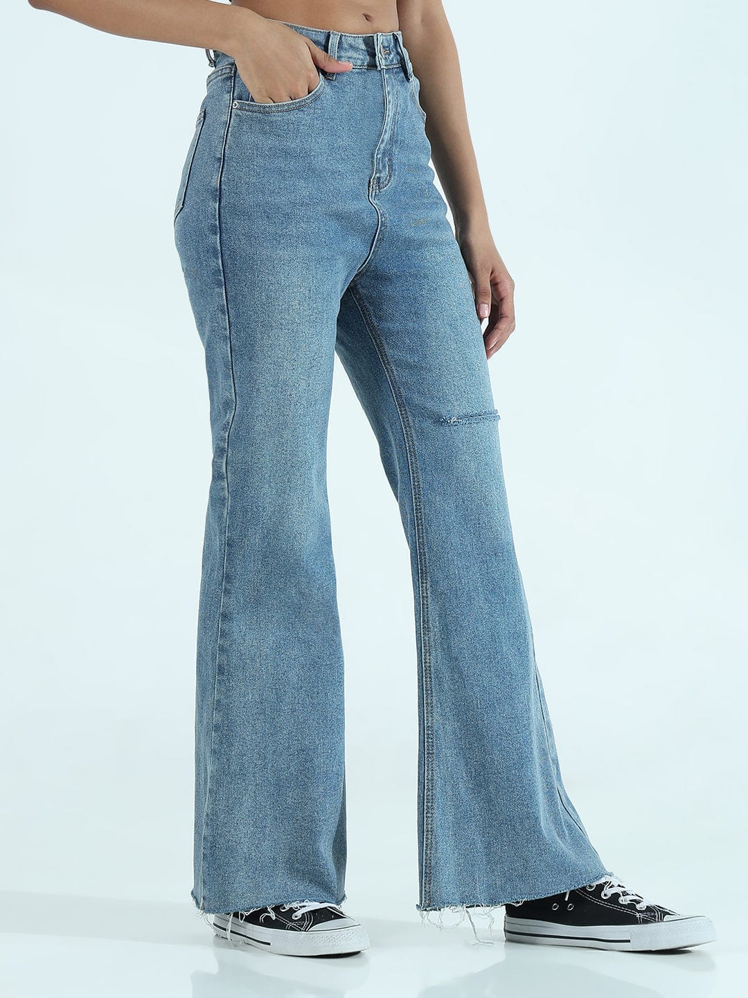 Women's Blue High Rise Flare Jeans with Knee Slit