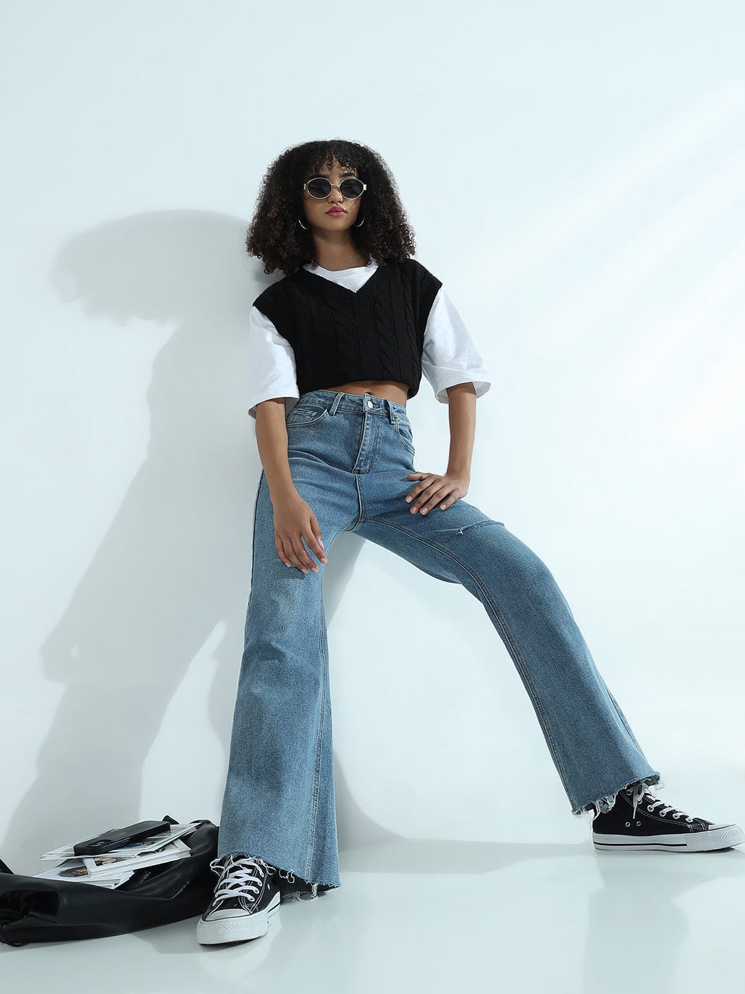 Women's Blue High Rise Flare Jeans with Knee Slit