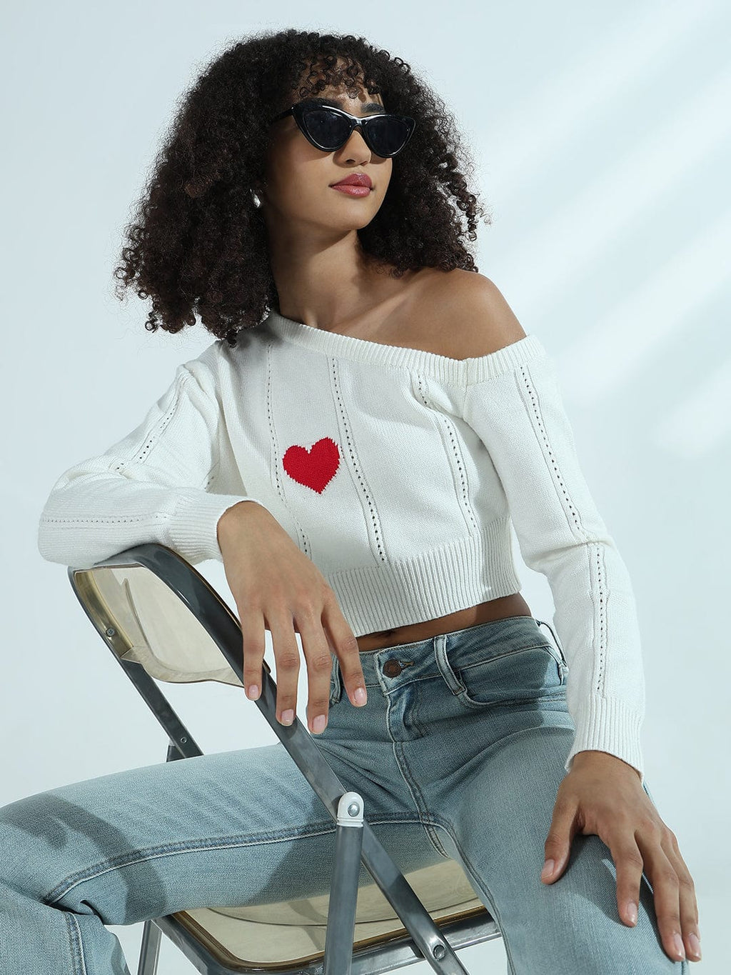 Women's Ribbed White Off Shoulder Crop Top with Heart