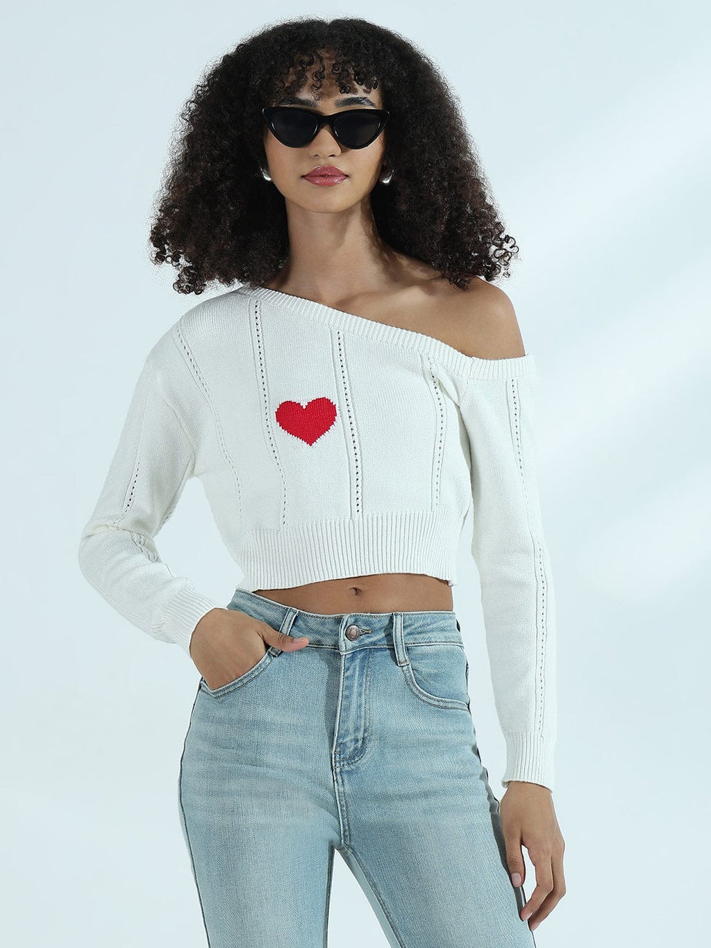 Women's Ribbed White Off Shoulder Crop Top with Heart