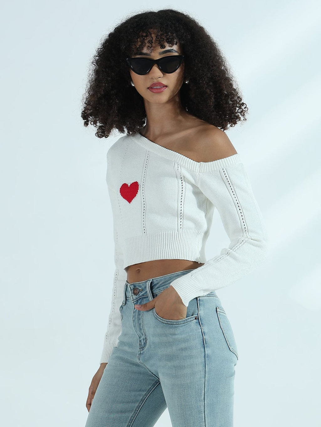 Women's Ribbed White Off Shoulder Crop Top with Heart