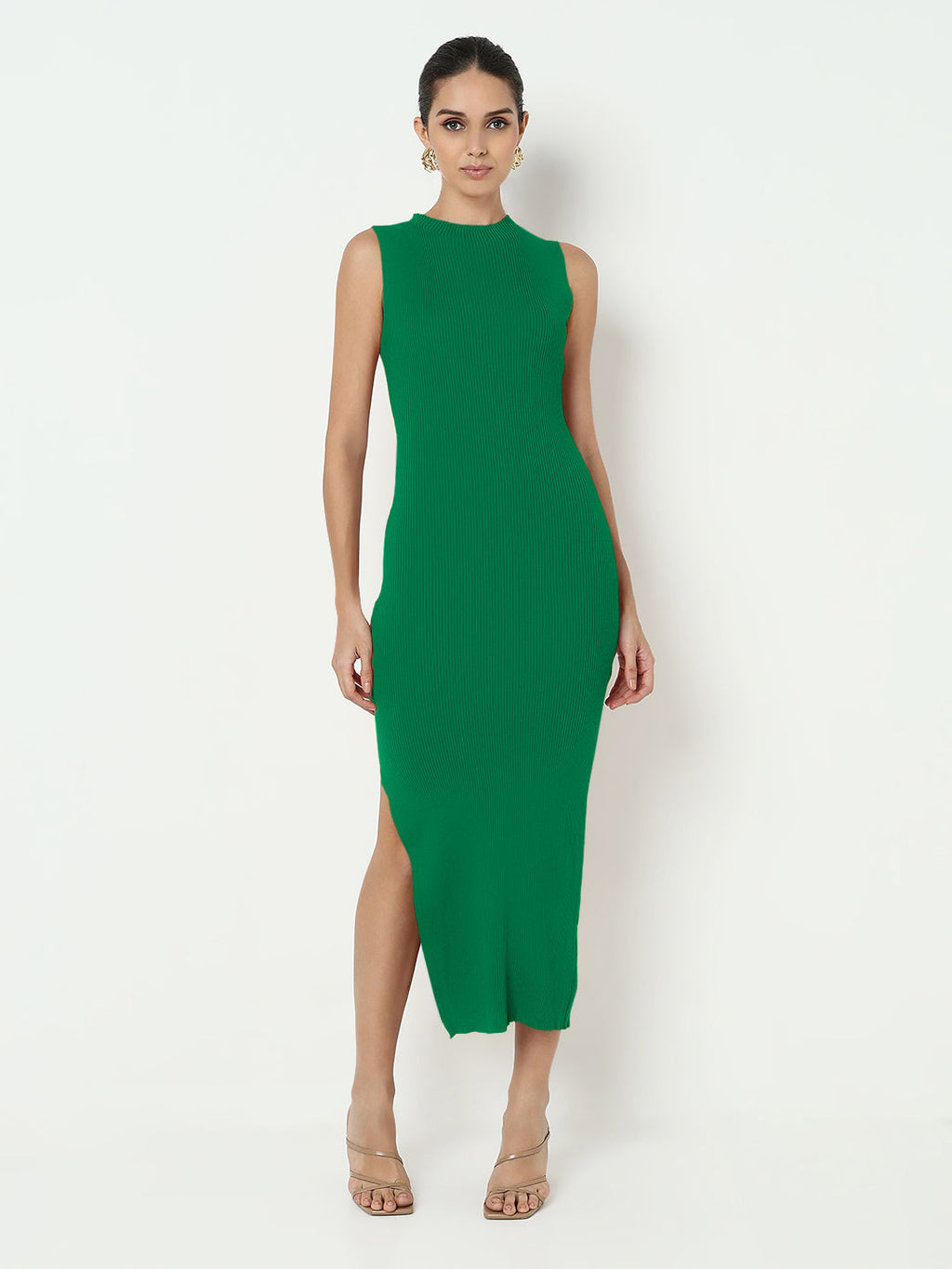 Women's Green High Neck Bodycon Maxi Sleeveless Dress with Side Slit