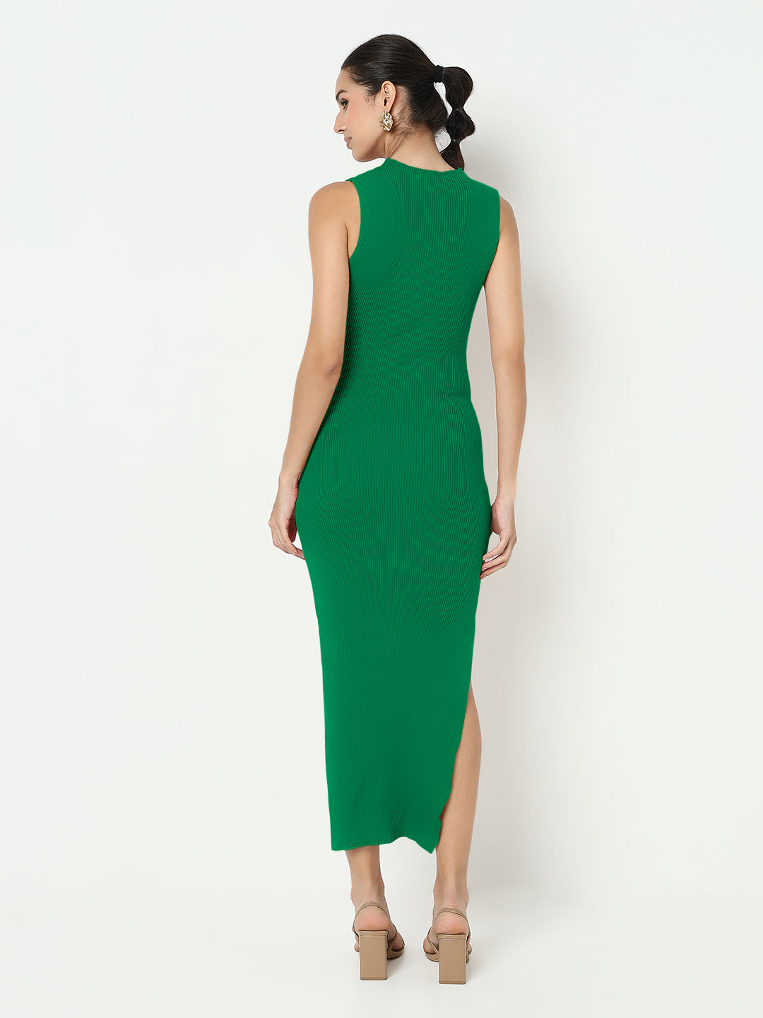 Women's Green High Neck Bodycon Maxi Sleeveless Dress with Side Slit