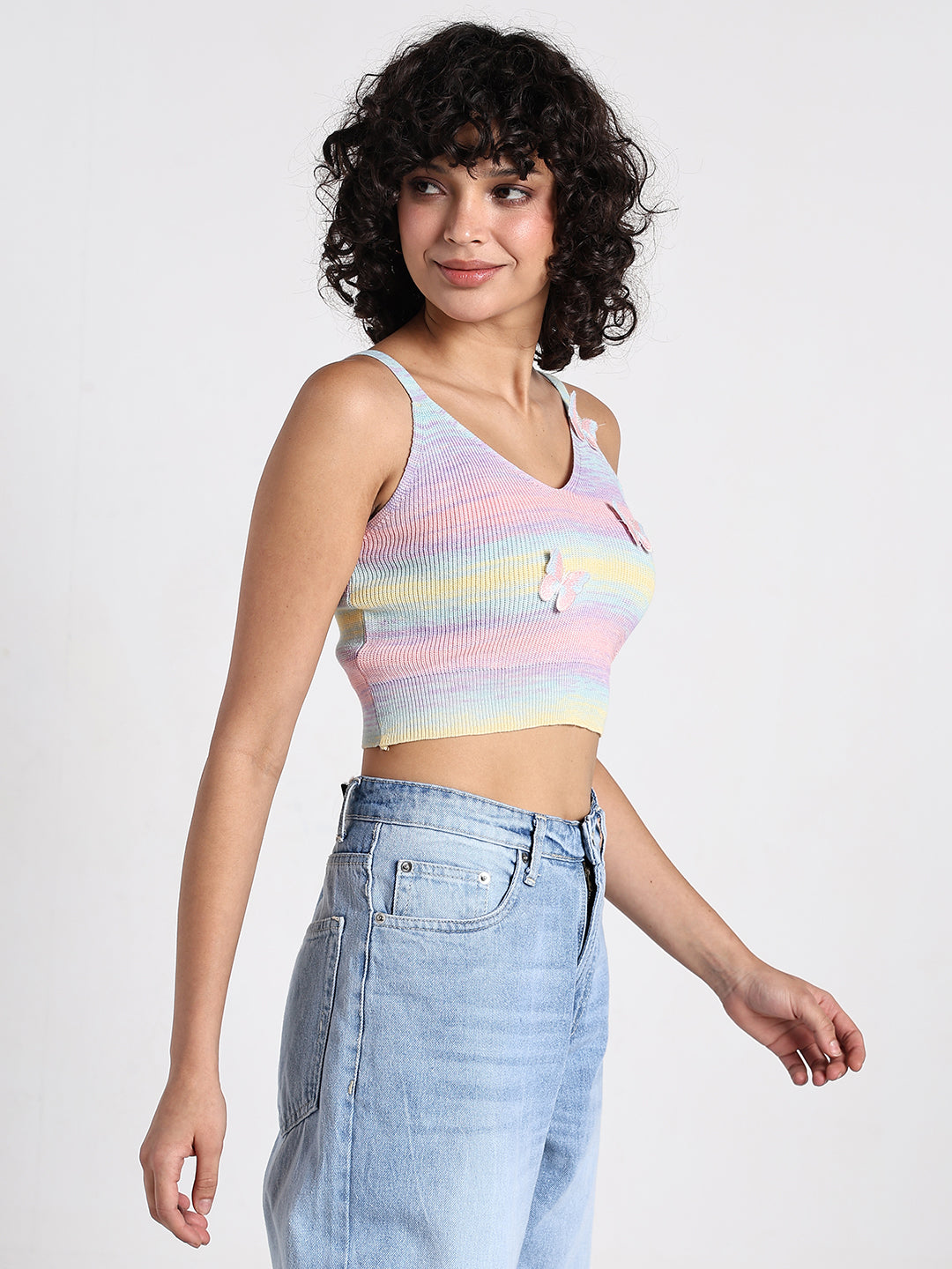 Women's Multi Ombre Knit Crop Top with 3D Butterfly Embellishments