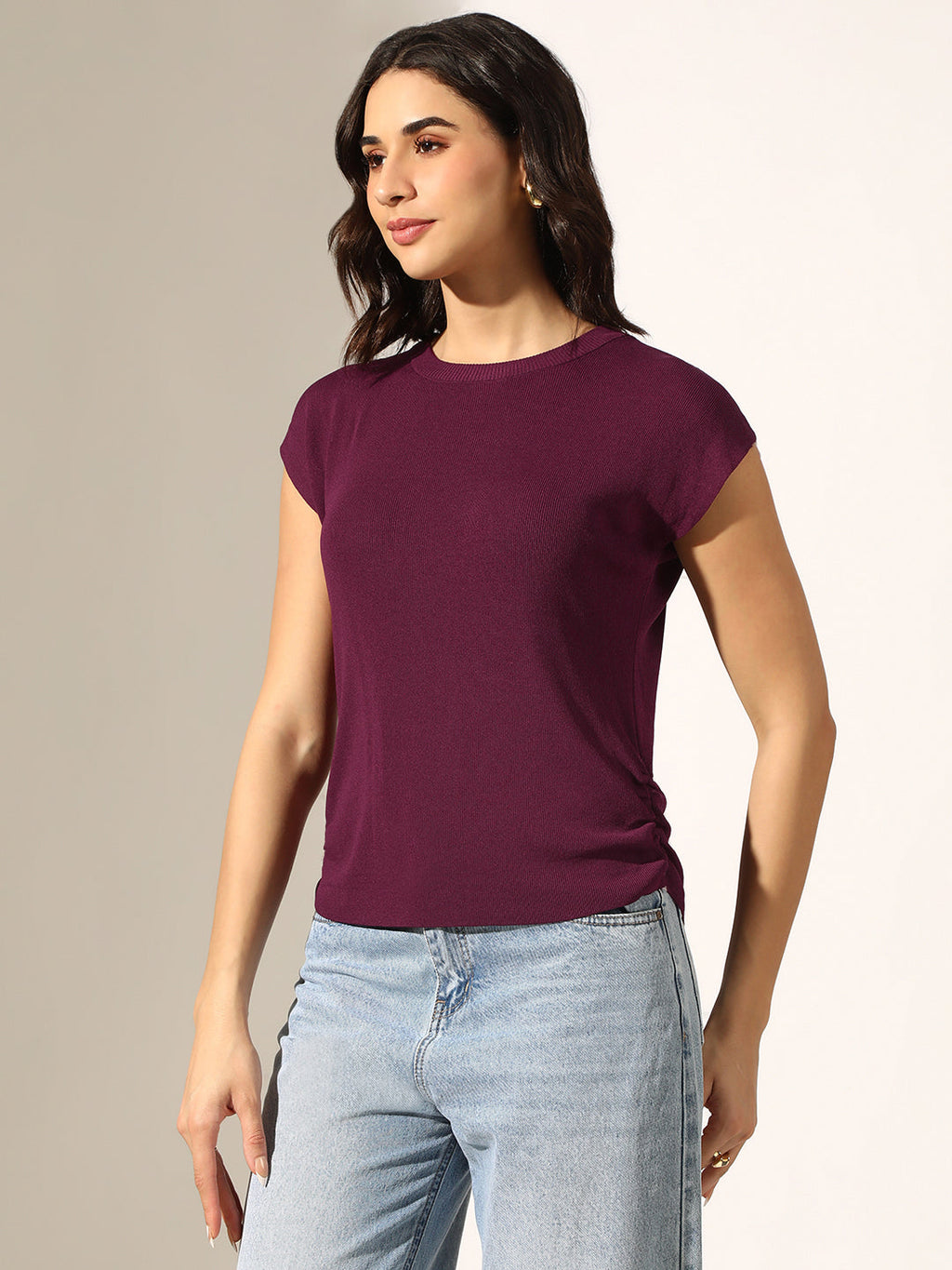 Women's Knitted Purple Top with Side Ruched Detail