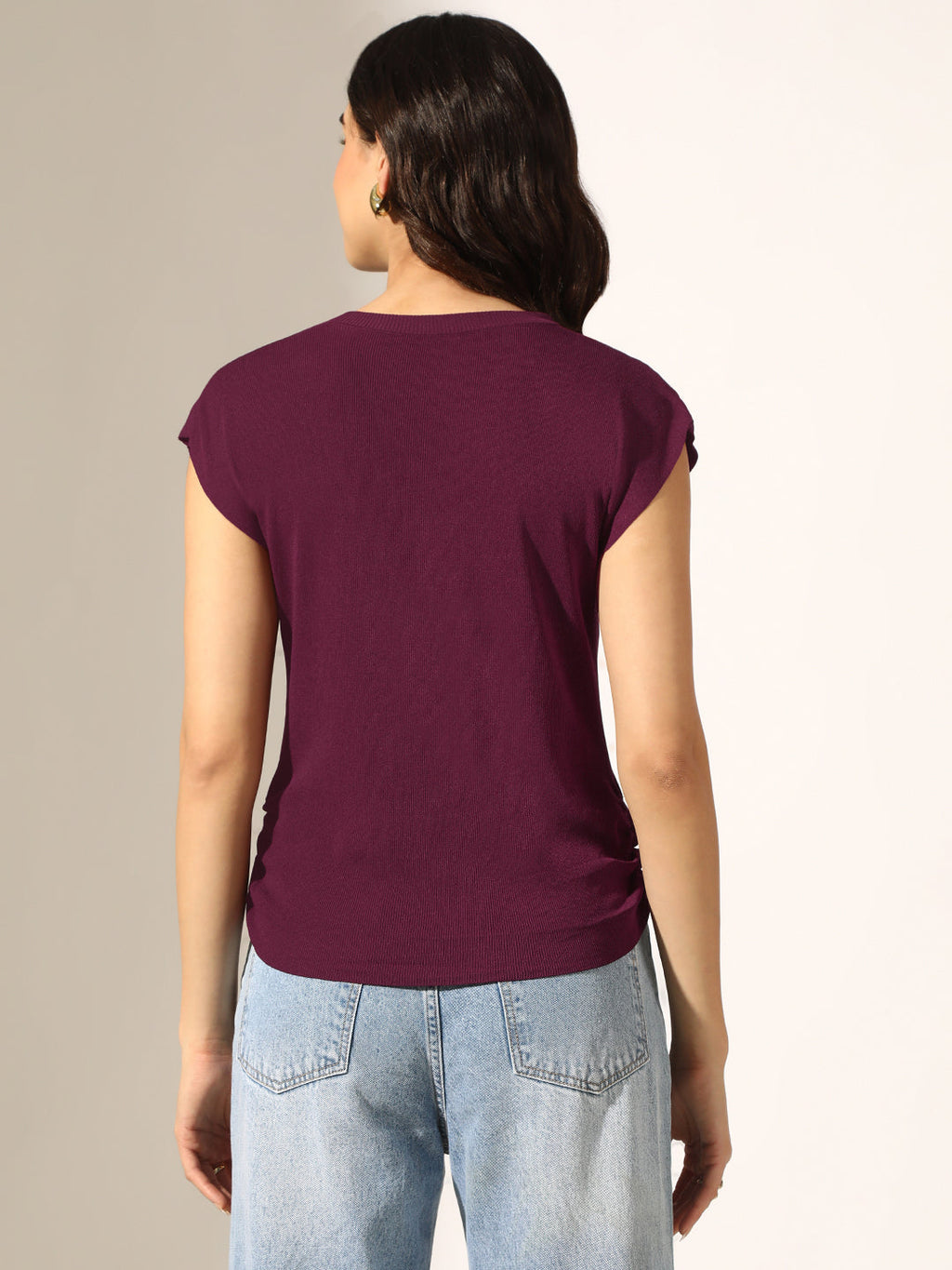Women's Knitted Purple Top with Side Ruched Detail