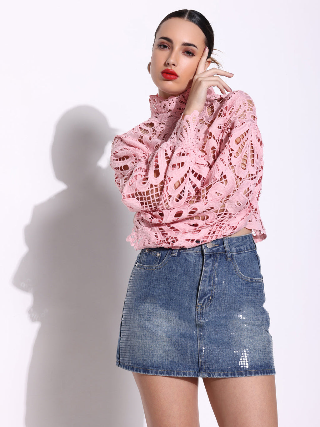 Women's Embroidered Peach High Neck Lace Top with Cut Out Detail